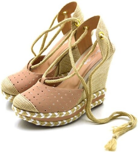 Carolla Shoes Sandália Anabela Espadrille Perfurada Salto Alto Nude