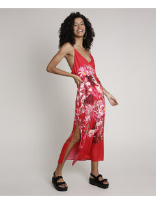 C&A Vestido Feminino Midi Estampado Floral com Fenda e Transpasse Alça Fina Vermelho