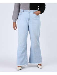 C&A Calça Jeans Feminina Plus Size Pantalona Cintura Super Alta com Barra Desfiada Azul Claro
