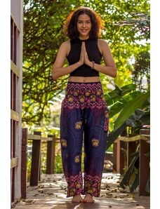 Calça Thai Calça de yoga azul com estampa oriental de elefante em rayon | CalcaThai.com