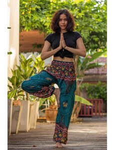 Calça Thai Calça de yoga turquesa com estampa oriental de elefante em rayon | CalcaThai.com