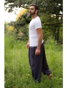 Calça Thai Calça larga azul escuro masculina com bolso e cintura elástica com cordão 100% algodão | CalcaThai.com
