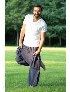 Calça Thai Calça saruel masculina azul escuro com listras étnicas, bolso e cintura elástica com cordão 100% algodão | CalcaThai.com
