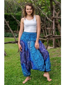 Calça Thai Calça harém macacão azul turquesa com estampa floral em rayon | CalcaThai.com
