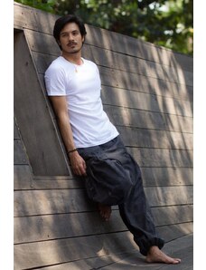 Calça Thai Calça saruel masculina cinza com listras étnicas, bolso e cintura elástica com cordão 100% algodão | CalcaThai.com