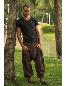 Calça Thai Calça saruel masculina marrom com listras étnicas, bolso e cintura elástica com cordão 100% algodão | CalcaThai.com