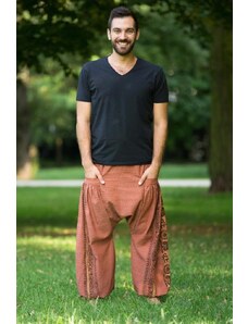 Calça Thai Calça saruel masculina terra com listras étnicas, bolso e cintura elástica com cordão 100% algodão | CalcaThai.com