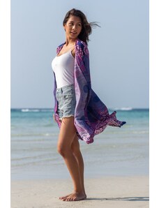 Calça Thai Saída de praia feminina tailandesa azul com estampa floral em rayon | CalcaThai.com