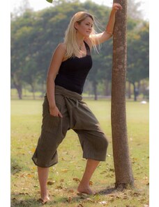 Calça Thai Calça ¾ envelope verde oliva feminina de amarrar em 100% algodão | CalcaThai.com