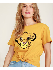 C&A Camiseta Cropped de Algodão Simba O Rei Leão Flocada com Nó Manga Curta Decote Redondo Mostarda