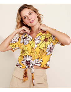 C&A Camisa Feminina Estampada Floral Onça com Nó Manga Curta Amarela