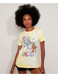 C&A Camiseta Feminina Tom e Jerry Estampada Tie Dye Manga Curta Decote Redondo Amarela