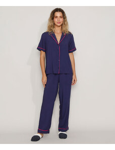 C&A Pijama Feminino Camisa com Vivo Contrastante Manga Curta Azul Marinho
