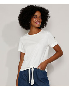 C&A Camiseta Feminina com Nó e Martingale Manga Curta Decote Redondo Off White