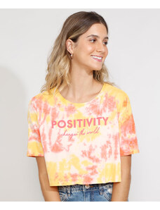 C&A Camiseta Feminina Estampada Tie Dye Manga Curta Cropped Ampla "Positivity" Decote Redondo Multicor