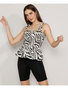 C&A Regata Feminina Mindset Estampada Animal Print Zebra com Babado Alça Larga Decote Reto Branca