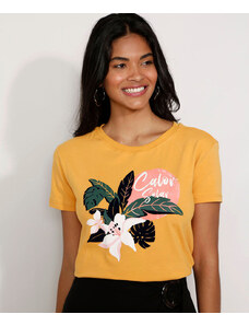C&A Camiseta Feminina Manga Curta "Calor Solar" Flocada Decote Redondo Mostarda