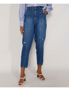 C&A Calça Jeans Feminina Cintura Alta Sawary Baggy com Recortes e Puídos Azul Médio