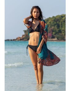 Calça Thai Saída de praia feminina tailandesa turquesa com estampa floral em rayon | CalcaThai.com