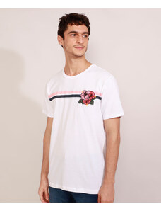 C&A Camiseta Masculina Manga Curta com Bordado Floral e Listras Gola Careca Branca