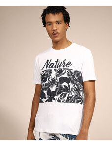 C&A Camiseta Masculina Manga Curta "Nature" com Folhagem Gola Careca Branca