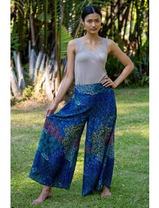 Calça Thai Calça pantalona turquesa com estampa oriental de folhas em rayon | CalcaThai.com