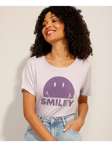 C&A Camiseta SmileyWorld com Fenda Manga Curta Decote Redondo Lilás