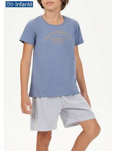 Pijama Infantil Menino Curto Cor com Amor 66399 Azul/Listras-Azuis