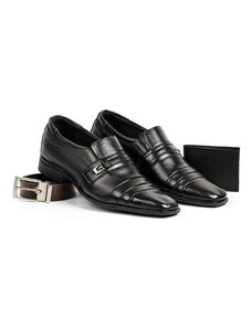 Polo State Kit Sapato em Couro Premium Montecello com Cinto e Carteira Preta Black