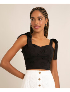 C&A blusa cropped em laise corset decote coração alça larga laço preto