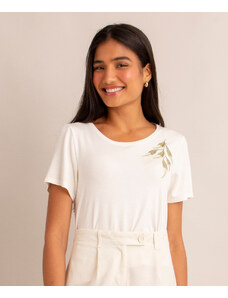 C&A blusa com bordado de folhagem manga curta decote redondo off white