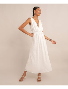 C&A vestido midi alça larga decote v com transpasse estampado poá off white