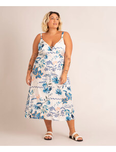 C&A vestido midi de viscose plus size estampado tropical alça média decote v com fenda off white