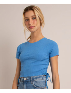 C&A blusa cropped canelada com amarração manga curta decote redondo azul