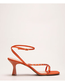 C&A sandália bico quadrado salto médio com strass oneself laranja