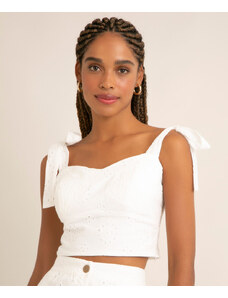 C&A blusa cropped em laise corset decote coração alça larga laço off white