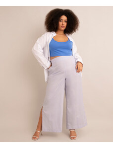 C&A calça pantalona listrada plus size cintura super alta com fenda azul