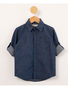 C&A camisa infantil jeans com bolso e martingale manga longa azul escuro