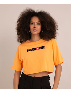 C&A camiseta cropped de algodão la casa de papel manga curta decote redondo laranja