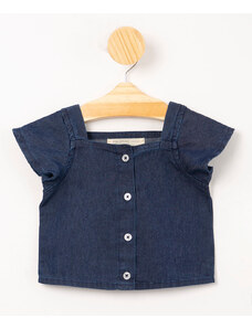C&A blusa jeans infantil manga curta decote reto com botões azul escuro