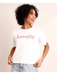 C&A Camiseta Cropped "Lovely" com Strass Manga Curta Decote Redondo Branca