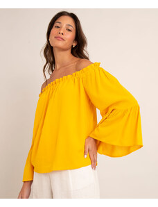 C&A blusa de viscose texturizada manga longa open shoulder amarela