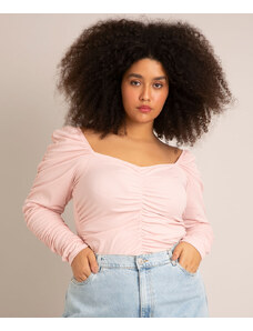 C&A blusa canelada plus size franzida manga longa decote ombro a ombro rosa claro