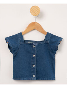 C&A blusa infantil jeans com botão glitter manga curta azul médio