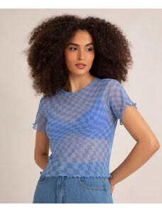C&A blusa de tule estampa quadriculada manga curta decote redondo azul