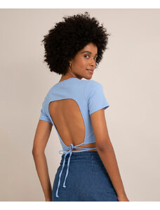 C&A blusa cropped canelada com amarração manga curta decote redondo azul claro
