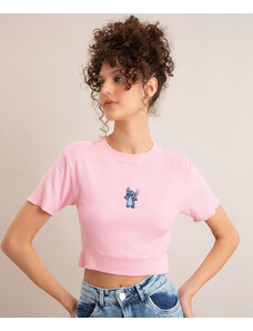 C&A blusa cropped canelada com bordado lilo & stitch e frufru manga curta decote redondo rosa