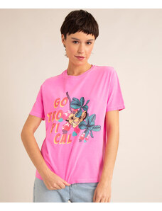 C&A camiseta de algodão manga curta decote redondo estampa rei leão rosa