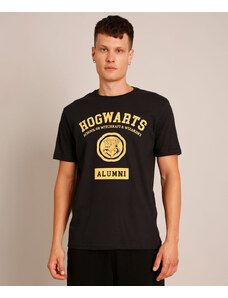 C&A Camiseta de Algodão Harry Potter "Hogwarts" Manga Curta Gola Careca Preta