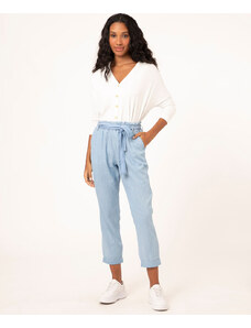 C&A Calça Jeans Feminina Mom Clochard Cintura Super Alta com Faixa para Amarrar azul claro